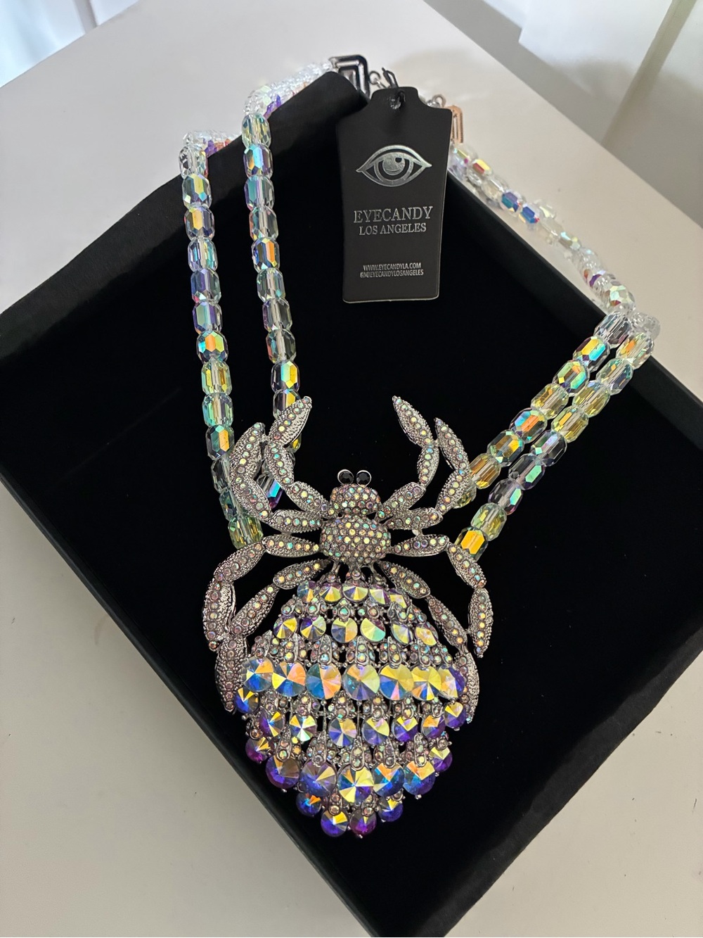 Eye Candy Iridescent Crystal Spider Pendant Necklace - Silver Tone